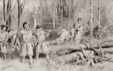 A batalha das madeiras caídas, 20 de agosto de 1794, a batalha final da Guerra Indiana do Noroeste, de The History of Our Country, publicada em 1905